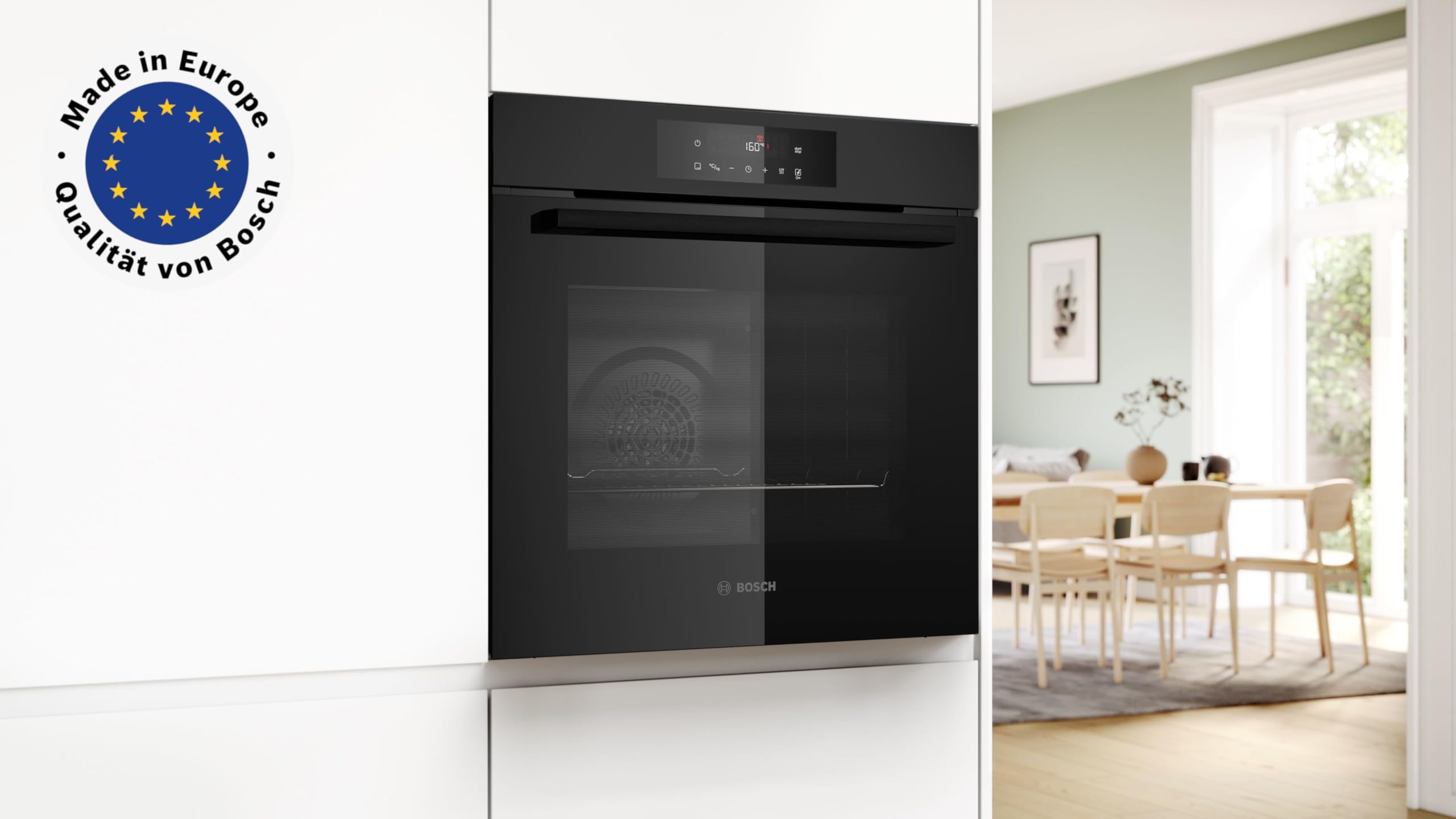 Bosch Serie 4 Einbau-Backofen 60 x 60 cm, HBA572BM3, AirFry Funktion, 10 Automatikprogramme, 3D Heißluft für gleichmäßige Ergebnisse, Pyrolytische Selbstreinigung, LED Touch Control, Matt Schwarz