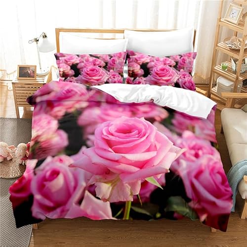 Single Duvet Cover Set Pink Rose Duvet Cover Sets Soft Polyester Duvet Set with Zipper Closure + Pillow Cases 2 Pack 50x75cm Bedding Set(140x200cm)