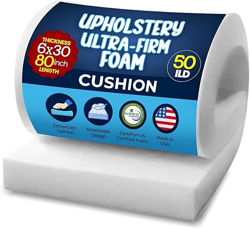RaceCityFoam High Density Upholstery Foam 6 inches H x 30 inches W x 80 inches L (Ultra Firm) 50ILD High Density Upholstery Foam Cushion CertiPUR-US