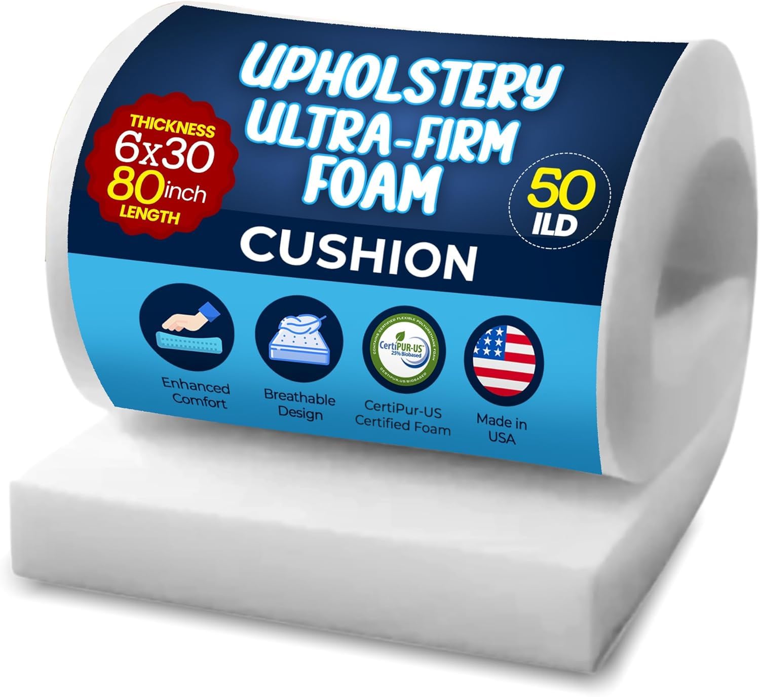 RaceCityFoam High Density Upholstery Foam 6 inches H x 30 inches W x 80 inches L (Ultra Firm) 50ILD High Density Upholstery Foam Cushion CertiPUR-US
