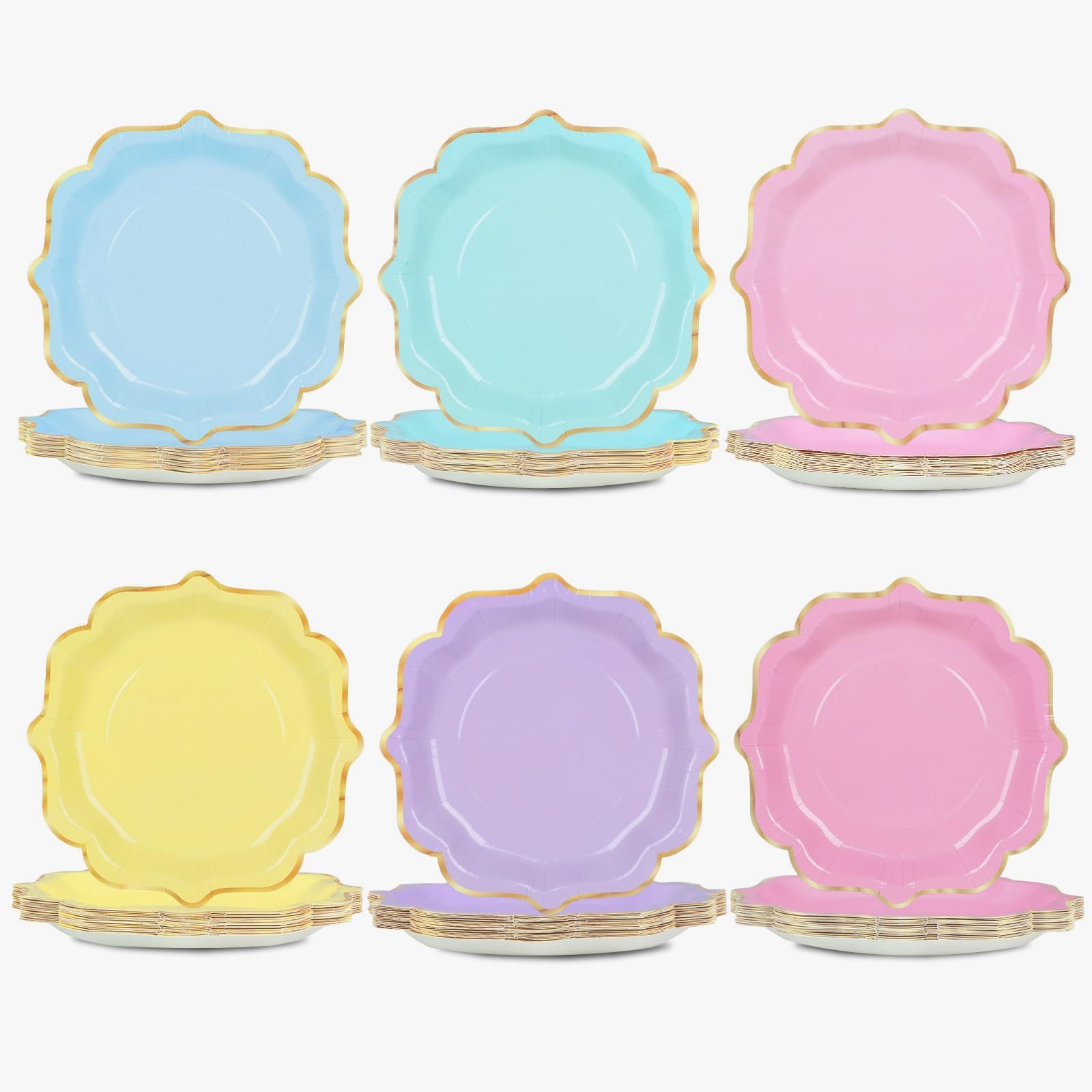 CHUNNIN 60Pcs Pastel Rainbow Scalloped Paper Plates 9in Colorful Pastel Party Cake Plates Disposable Boho Rainbow Scalloped Tableware for Birthday