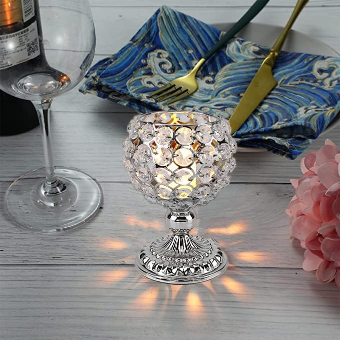 Miniatura 5 de Juego de 2 portavelas de cristal plateado, portavelas votivas, candelabros, mesa de comedor, centro de mesa, decoración de comedor, sala de estar,