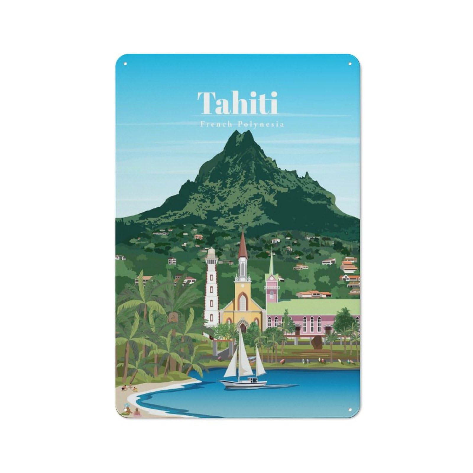 Junmoney Travel To Tahiti Vintage Metal Plaque 30X20cm For Café Or Restaurant, A Decorative Gift For A Newly Furnished Café And Restaurant