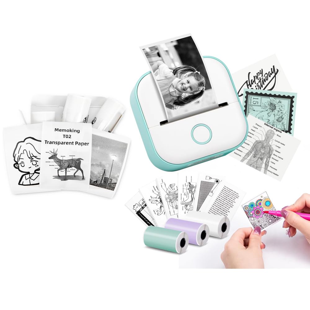Memoking Grün T02 Mini Drucker Mini Thermodrucker Aufkleberdrucker