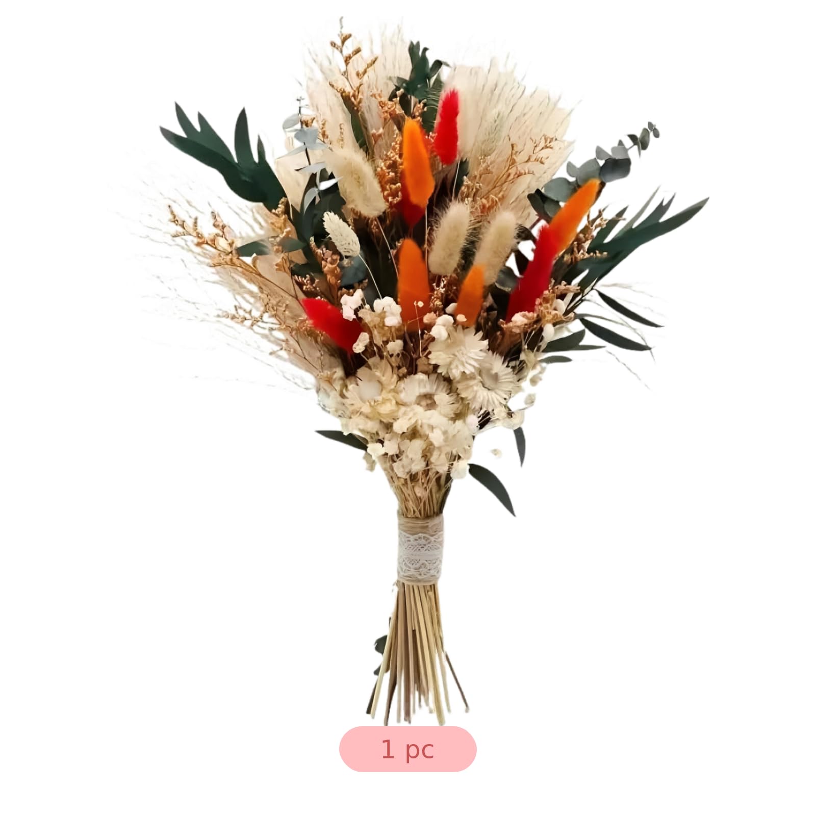 50 STK. orange Trockenblumenstrauß, Arrangement mit Bunny Tails und Pampasgras, luftgetrocknete Flauschige Deko für Zuhause, Wohnzimmer, Hochzeit, Party, Landhausstil, 43 x 28 cm