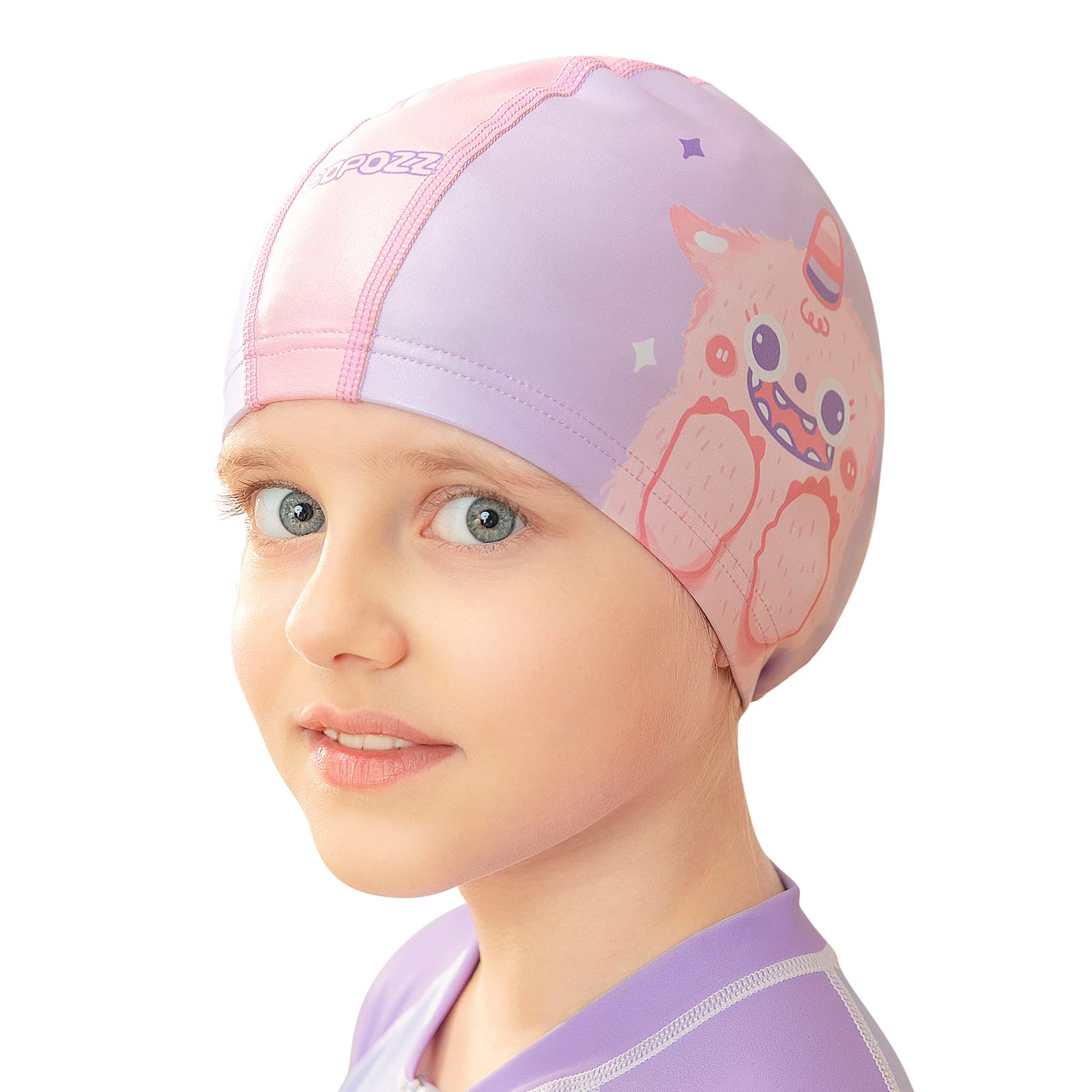 COPOZZ Swim Caps for Girls Boys, Quick Dry Fabric Kids Swimming Cap for Long and Short Hair, Spandex Swim Hats with High Elasticity for Age 5-12 Toddler Child Youth (Pink-Monster) — image 1