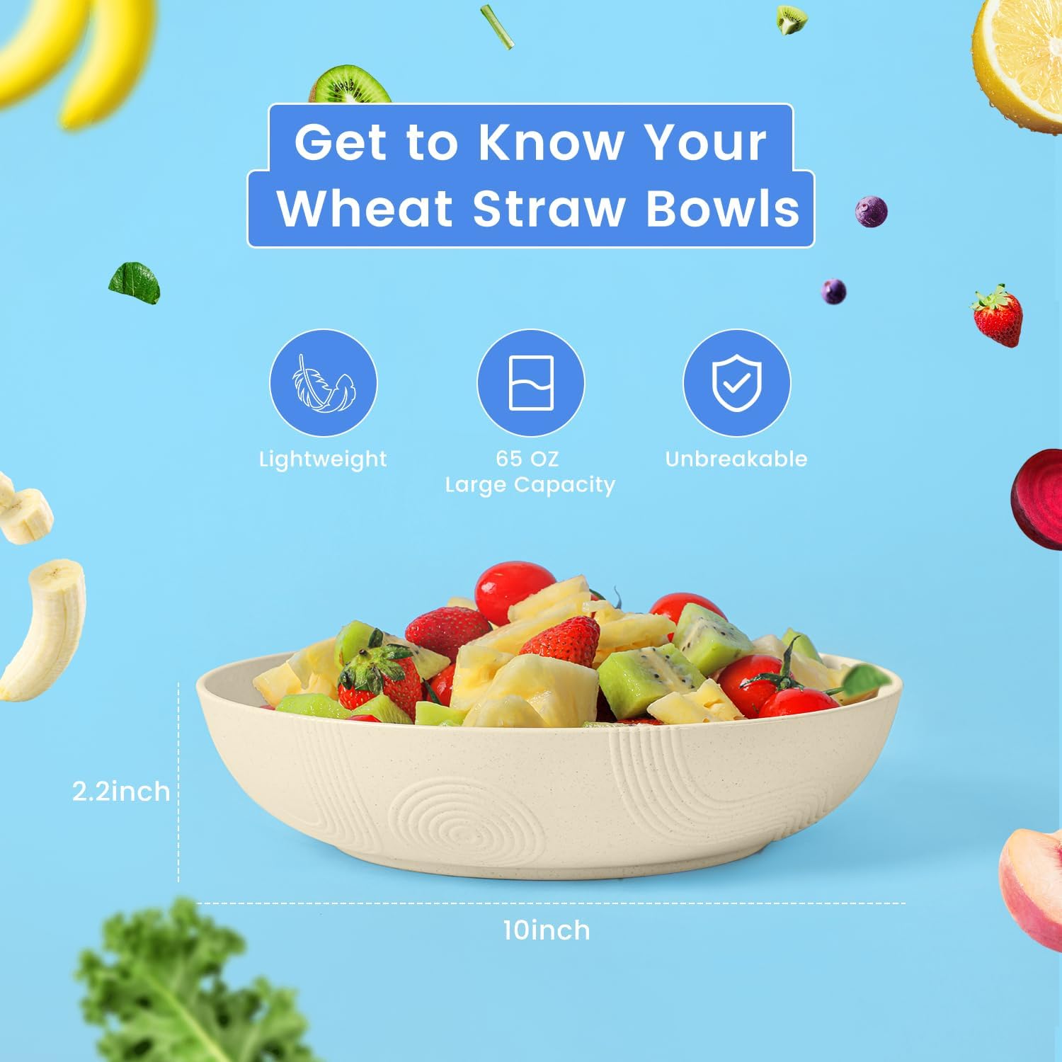 Homienly 65 oz Large Salad Bowls Wheat Straw Big Bowls 10 inch Serving Bowls Wheat Straw Plates Bowl Set of 6 Wide and Shallow Bowl for Kitchen Dishwasher Safe-Beige - Image 2