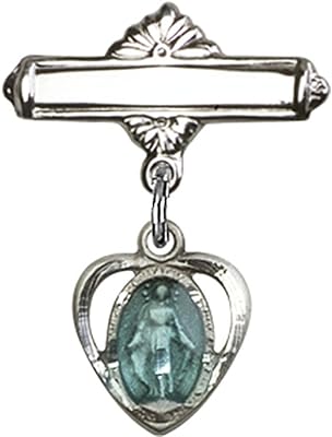 Sterling Silver Baby Badge with Blue Heart/Miraculous Charm and Polished Badge Pin 7/8 X 5/8 inches