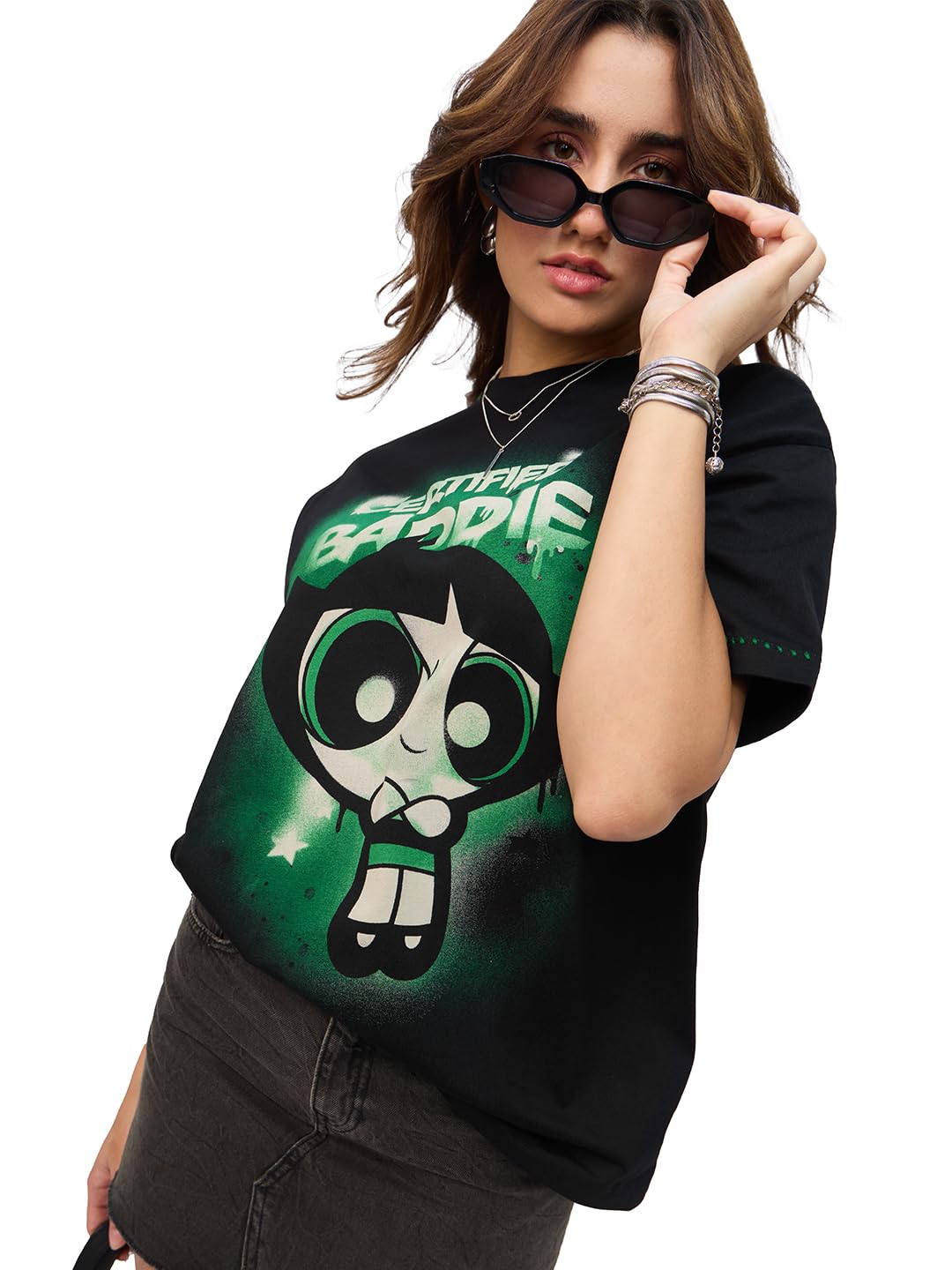 the souled store Powerpuff Girls: Baddie Women and Girls Short Sleeves Round Neck Black Graphic Printed Cotton Oversized T-Shirts-picture-26