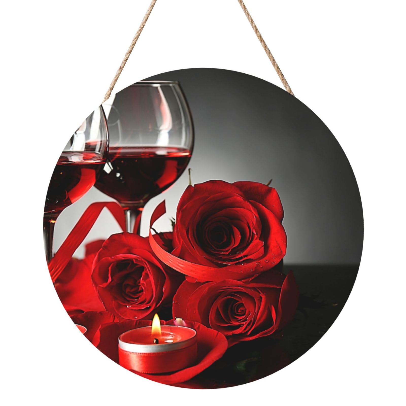 InOmak Red Rose And Wine Romantic Lovers Decor, Round Wood Panel Painting 12 in, Wall Hanging Painting For Home