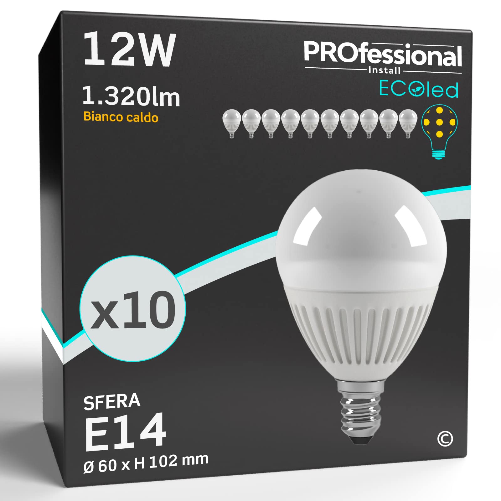 Eurocali 10x Lampadine LED Corpo in Ceramica E14 12W Opaca Professionale 1320 lumen - Forma: Miniglobo A60 - Luce Bianco Caldo 3000K