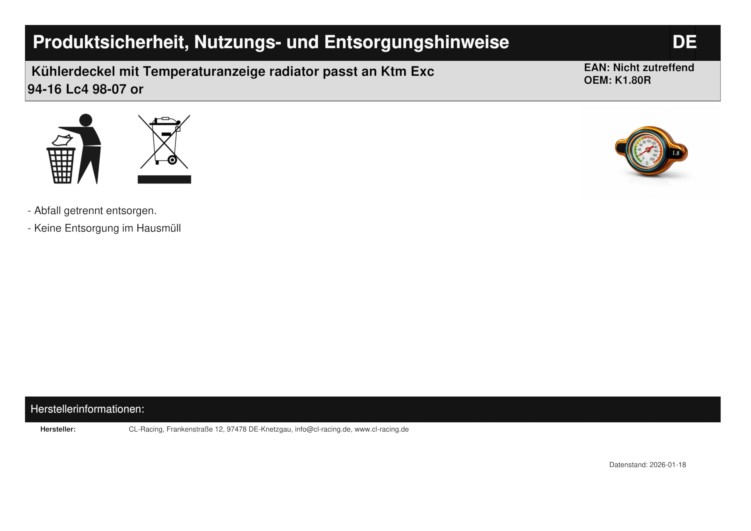 Kühlerdeckel mit Temperaturanzeige radiator passt an Ktm Exc 94-16 Lc4 98-07 or