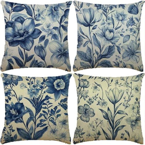 Funda Cojin azul Paquete de 4 70x70cm planta Cojines para Sofa Fundas de Cojín Cuadradas Fundas de cojín de Lino con de dos Caras Estampado para Sofá Sala de Estar Dormitorio Festival Regalo XW-165