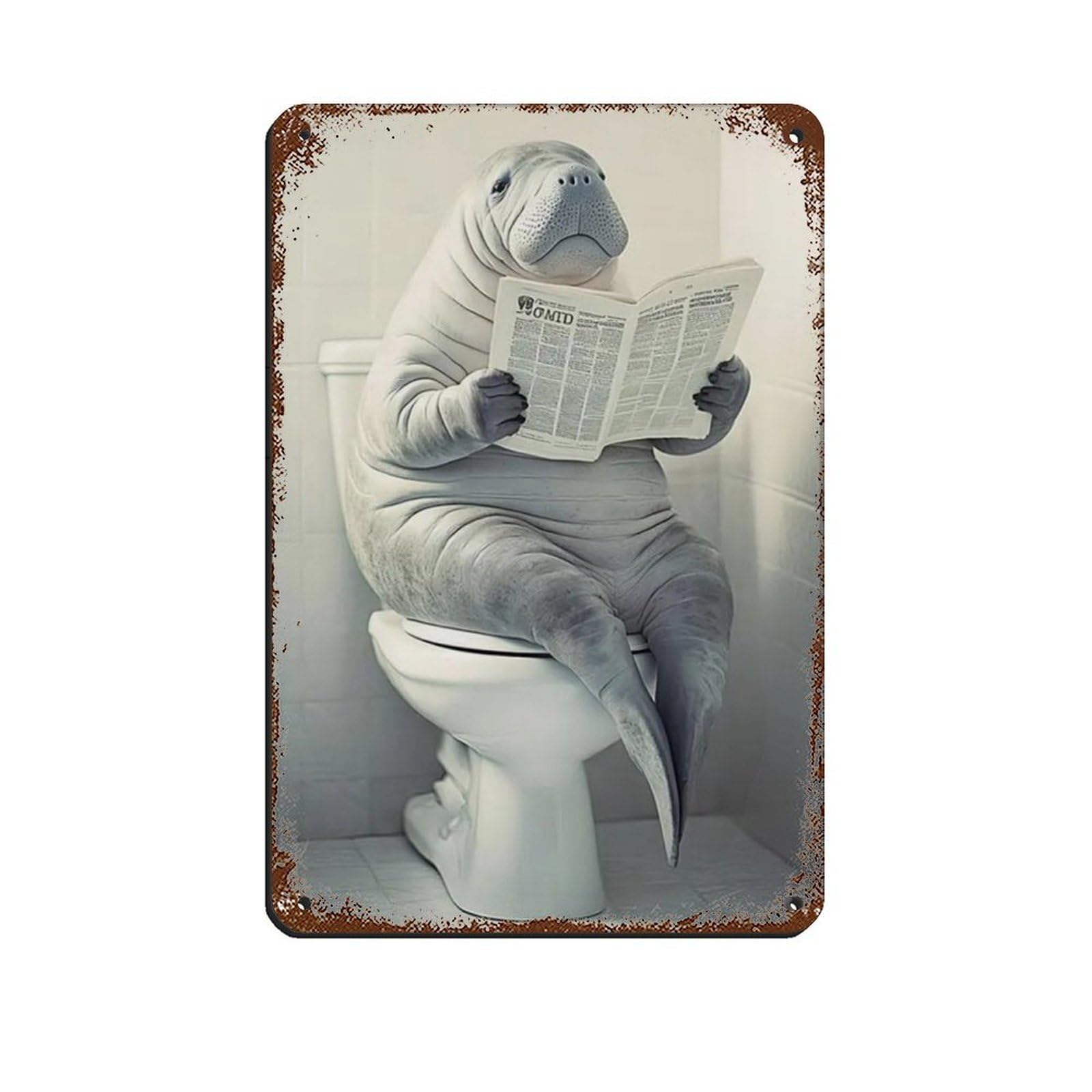 Manatee Sitting on Toilet Reading Newspaper Tin Sign Vintage Metal Pub Club Cafe Bar Home Wall Art Decoration Poster Retro 8x12inch(20x30cm)