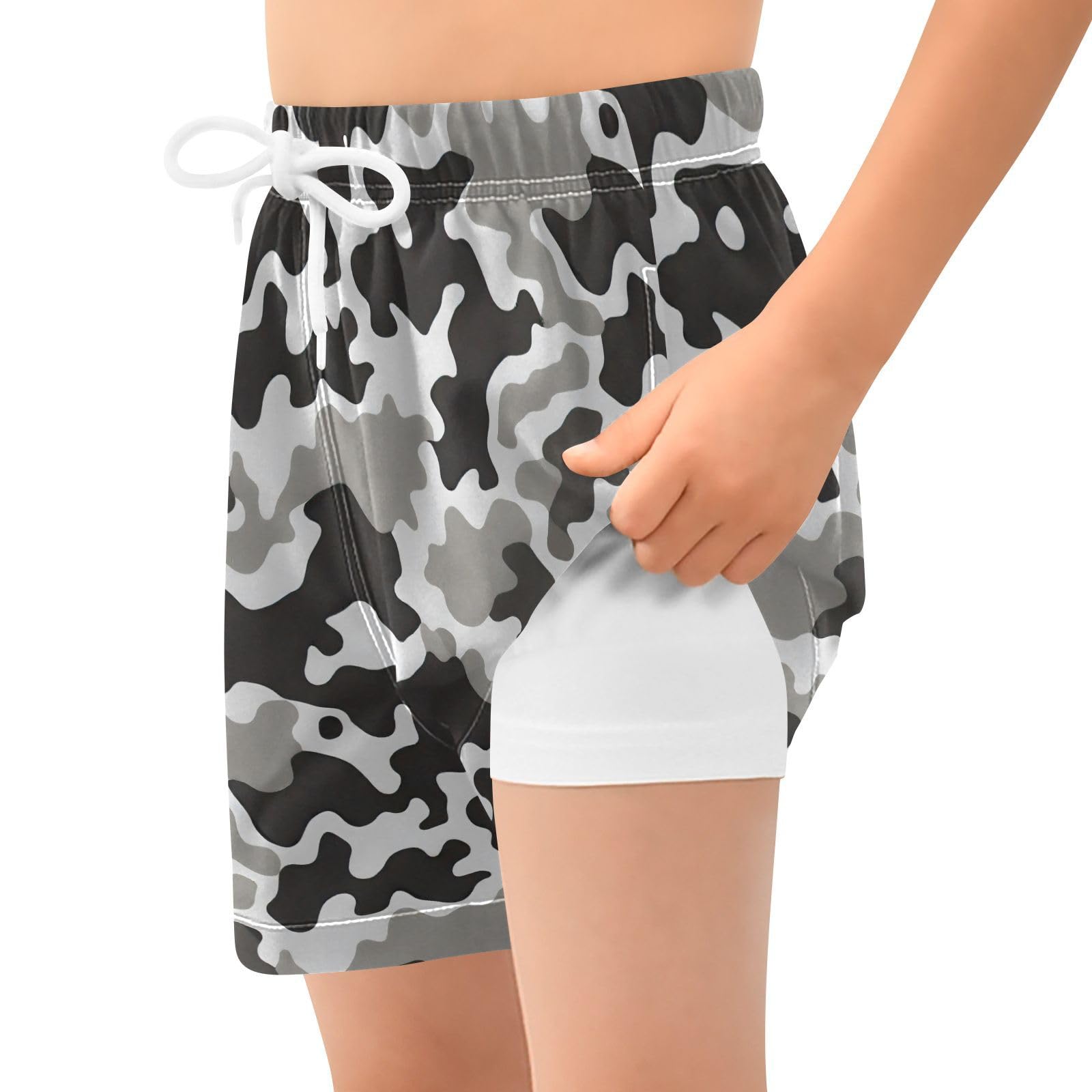 YANENDIE Boy Swim Trunks with Compression Liner Black White Camouflage Boys Swim Shorts Quick Dry Beach Shorts