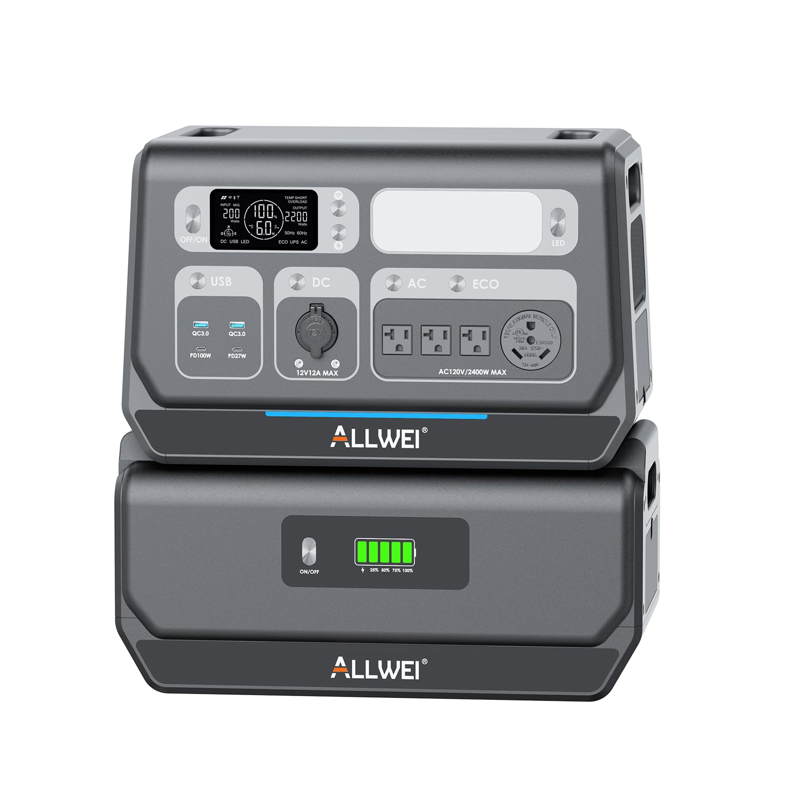 ALLWEI 2400W Portable Power Station with a B200 PRO Expansion Battery 4096Wh LiFePO4 Battery 4 AC Outlets Up