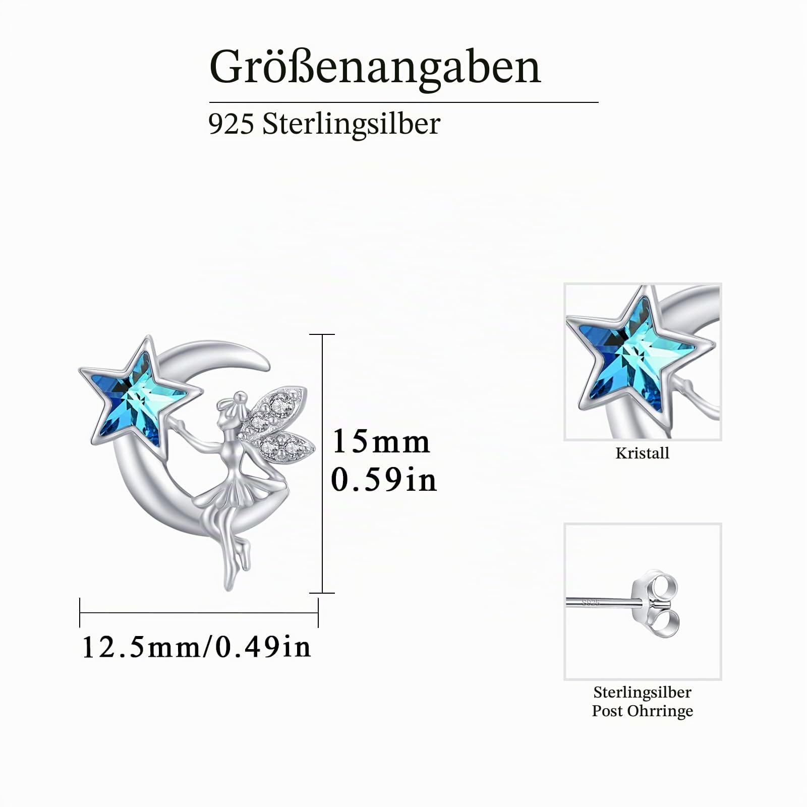 Mond Elfe Fee Ohrringe 925 Sterling Silber Elfen Halbmond Stern Ohrstecker mit blauem Kristall Fee Schmuck Geburtstage Geschenke für Frauen