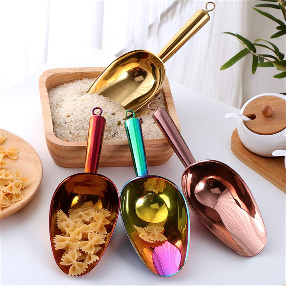 Juego de 3 pinzas y cuchara de hielo de acero inoxidable, pinzas para servir con dientes para cubos grandes, barra inferior redonda, congelador, cubo, juego de 3 (cobre oro rosa) 6