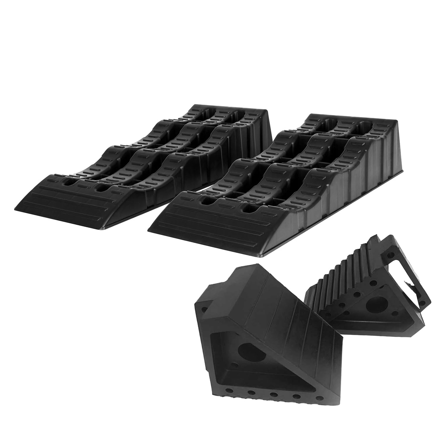 OMAC Car Ramps Pack 4 Pcs 6000 Pounds Load Capacity Black Compact Lightweight Design for RV Trailer Camper Oil Changes Inspections