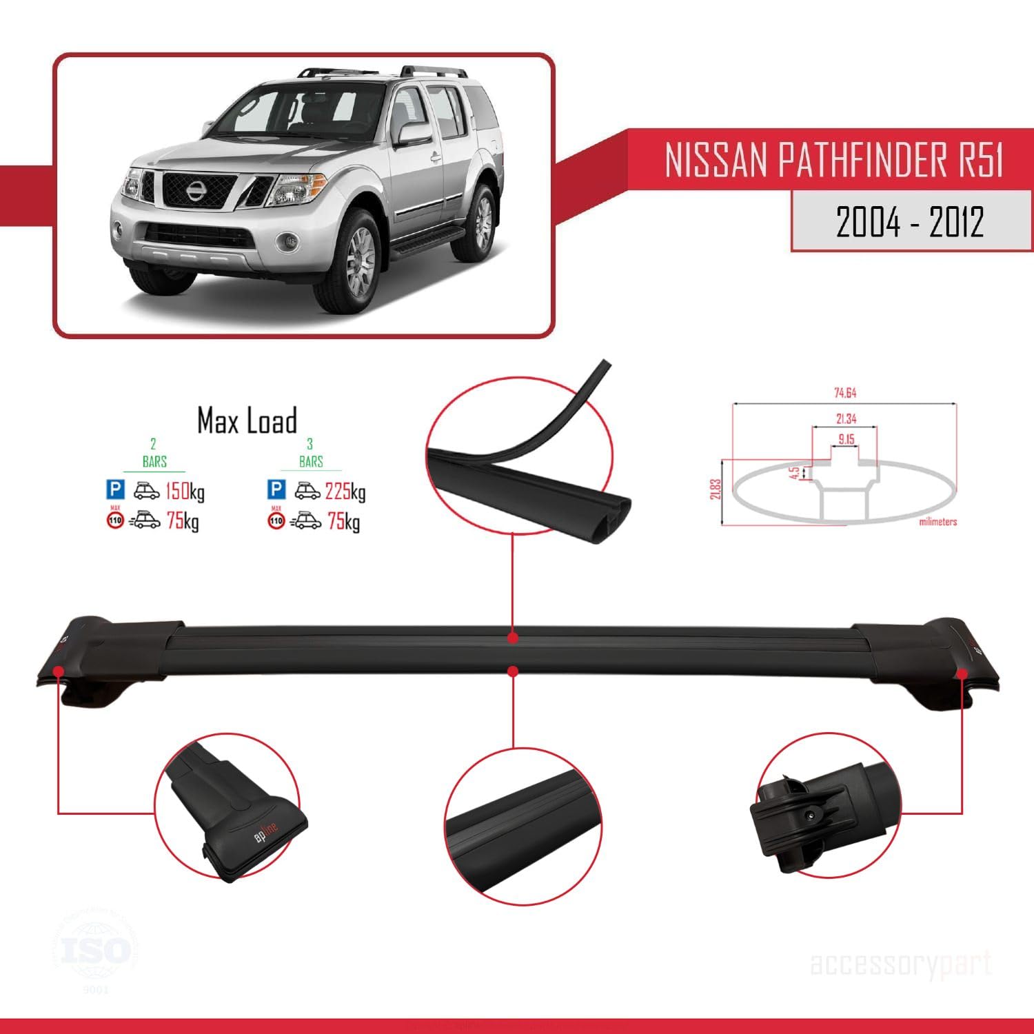 Compatible con Nissan Pathfinder 3 (R51) 2004-2012 Fly Model Barras de Techo Auto Portaequipajes Barras Transversales Negro Aluminio 2 Barras