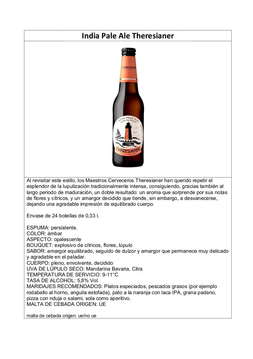 India Pale Ale Theresianer Italienisches Bier (24 flaschen 33 cl.)