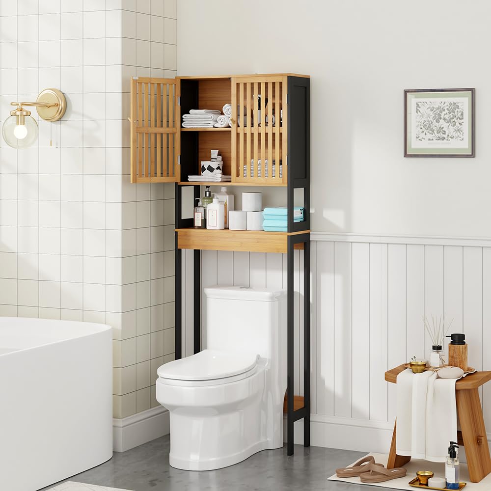 Meuble de WC/Étagère de Toilettes Salle de Bain Noir et Bois Naturel – Structure MDF + Bambou Véritable – Finition Bois Naturel – Idéal pour Toilettes, Gain de Place & Déco Zen