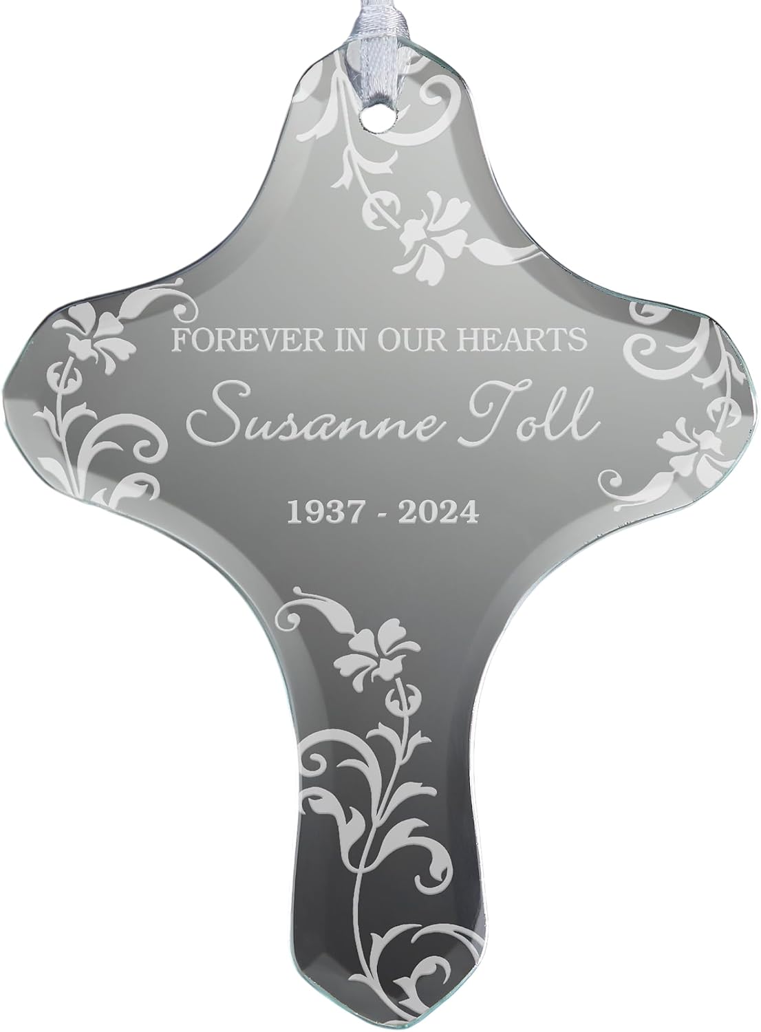 Personalization Universe in Loving Memory Memorial Cross Ornament, Etched Glass Christmas Tree Ornament with Ribbon, Personalized Christmas Ornaments for Remembering Loved Ones