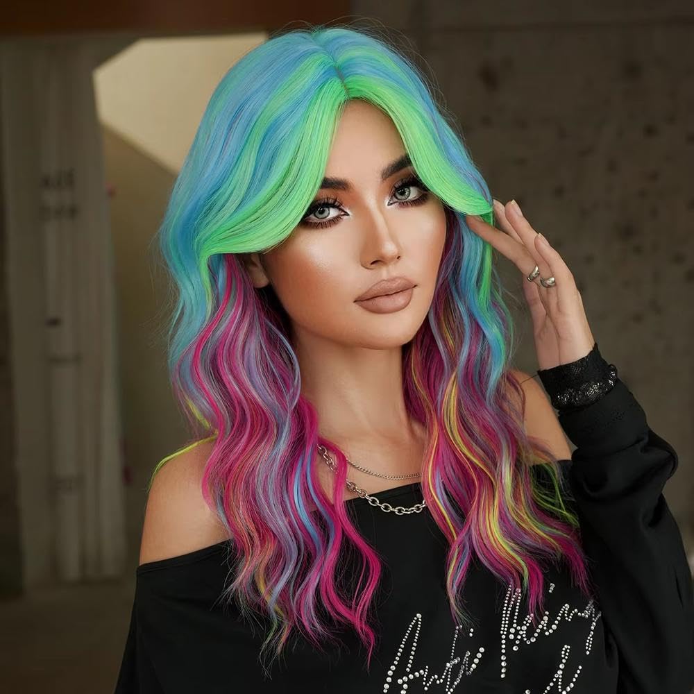 Haarpflege Schulterlange Wasserwellen bunte Perücke Für Frauen Mittlerer Teil Farbige Cosplay Perücken Mit Vorhang Pony