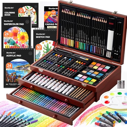 Shuttle Art 202 Pièces Malette Dessin Enfant, Kit Dessin en Bois avec 4 Blocs, Toiles, Peinture Acrylique, Crayons de Couleur, Crayons de Cire, Pastels pour...
