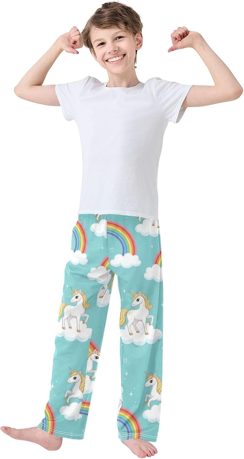 Cute Unicorn Rainbow Green Pajama Pants, Soft Modal Lounge Sleepwear Elastic Waist with Pockets