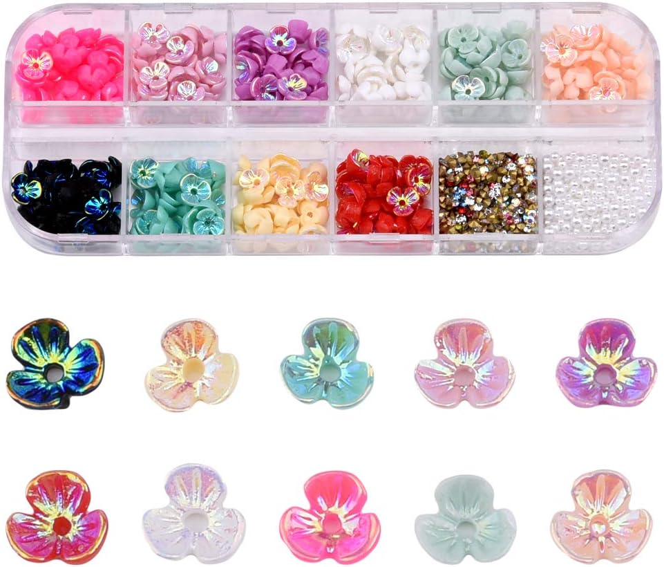 250pcs Flat Back Reisn Flowers Design ss7 ss5 Assorted Pointed Back Rhinestones 2.5mm 2.0mm 1.0mm Pearls Mix for 3D Nail Art Decoration Set