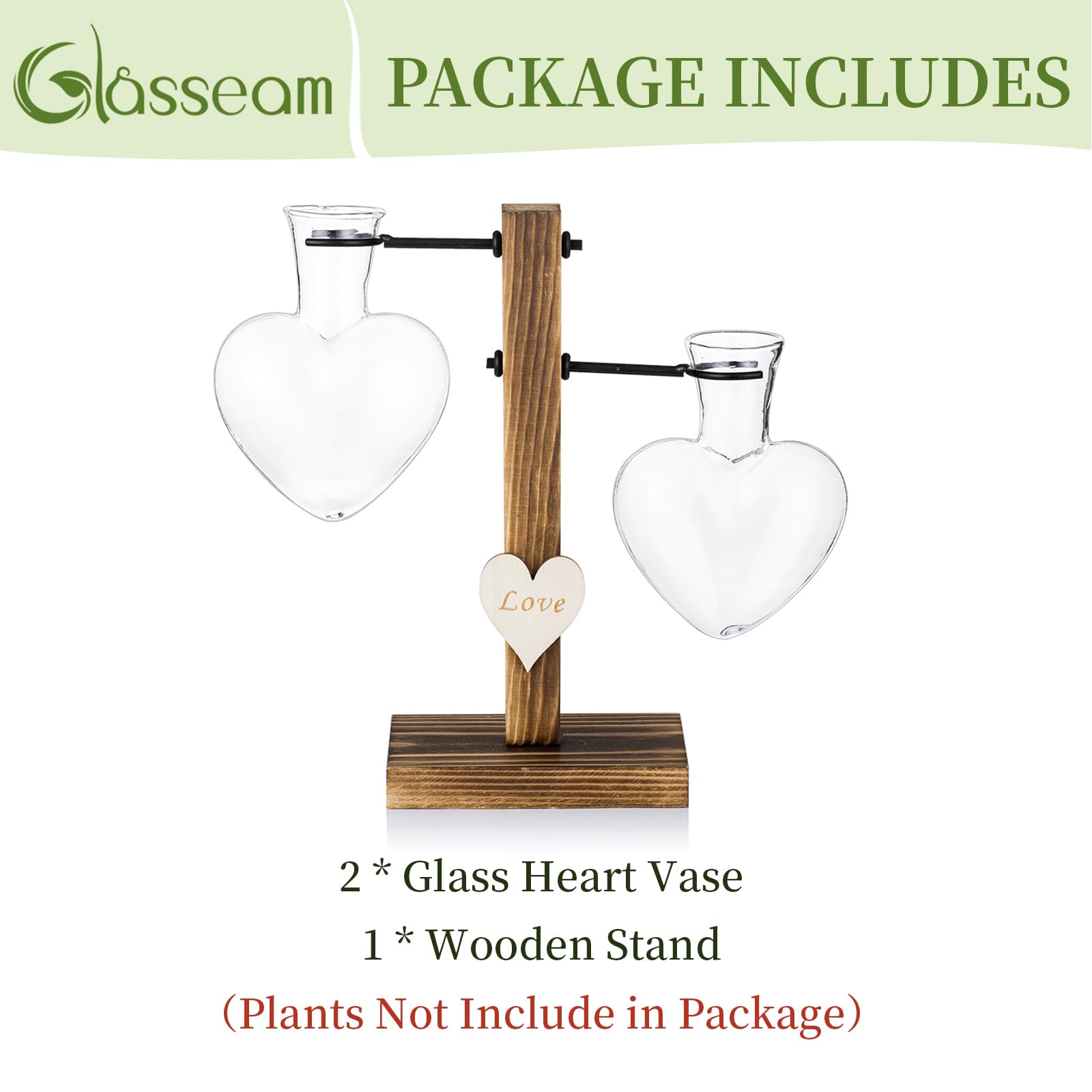 Terrarium De Plantes en Verre avec Support en Bois, Vases Hydroponiques en Verre à Double Cœur Créatif, Station De Propagation De Plantes Modernes, Ampoule De Jardinière De Bureau
