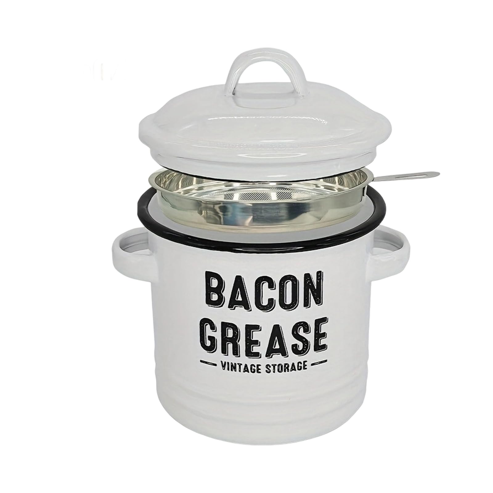 Handled Miniature Enameled Bacons Grease Container Seasoning Jar with Strainer and Spoon Kitchen Accessory Double Handle Enameled Bacon Grease Container with Strainer Spoon Multifunctional Kitchen