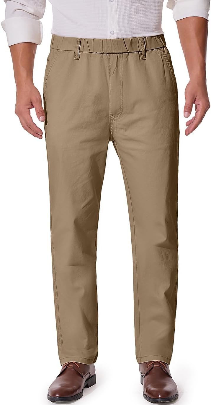 voeeron Mens Elastic Waist Twill Pants for Seniors – Pull On Comfort Pants with Stretch Waistband, Relaxed Fit