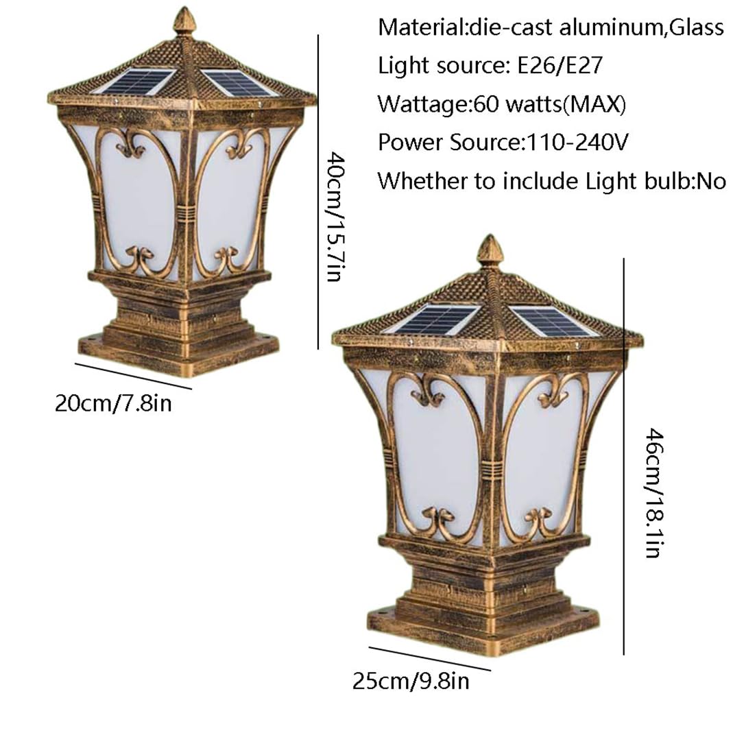 Antyczna złota kolumnowa lampa solarna, do ogrodzenia lub tarasu, E26 EULB