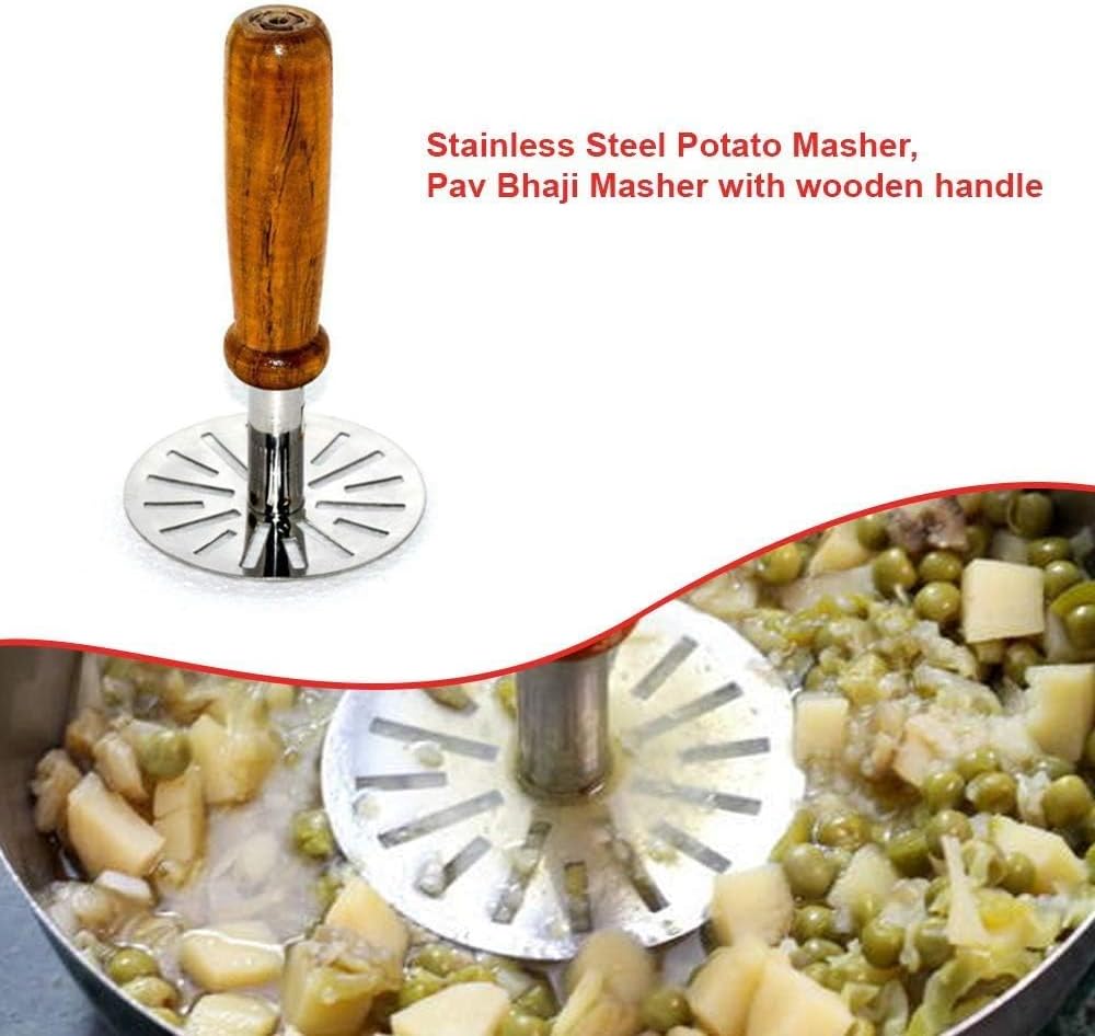 Stainless Steel Round Pav Bhaji Masher, Potato Masher with Wooden Handle, 1-Piece, Silver image 2