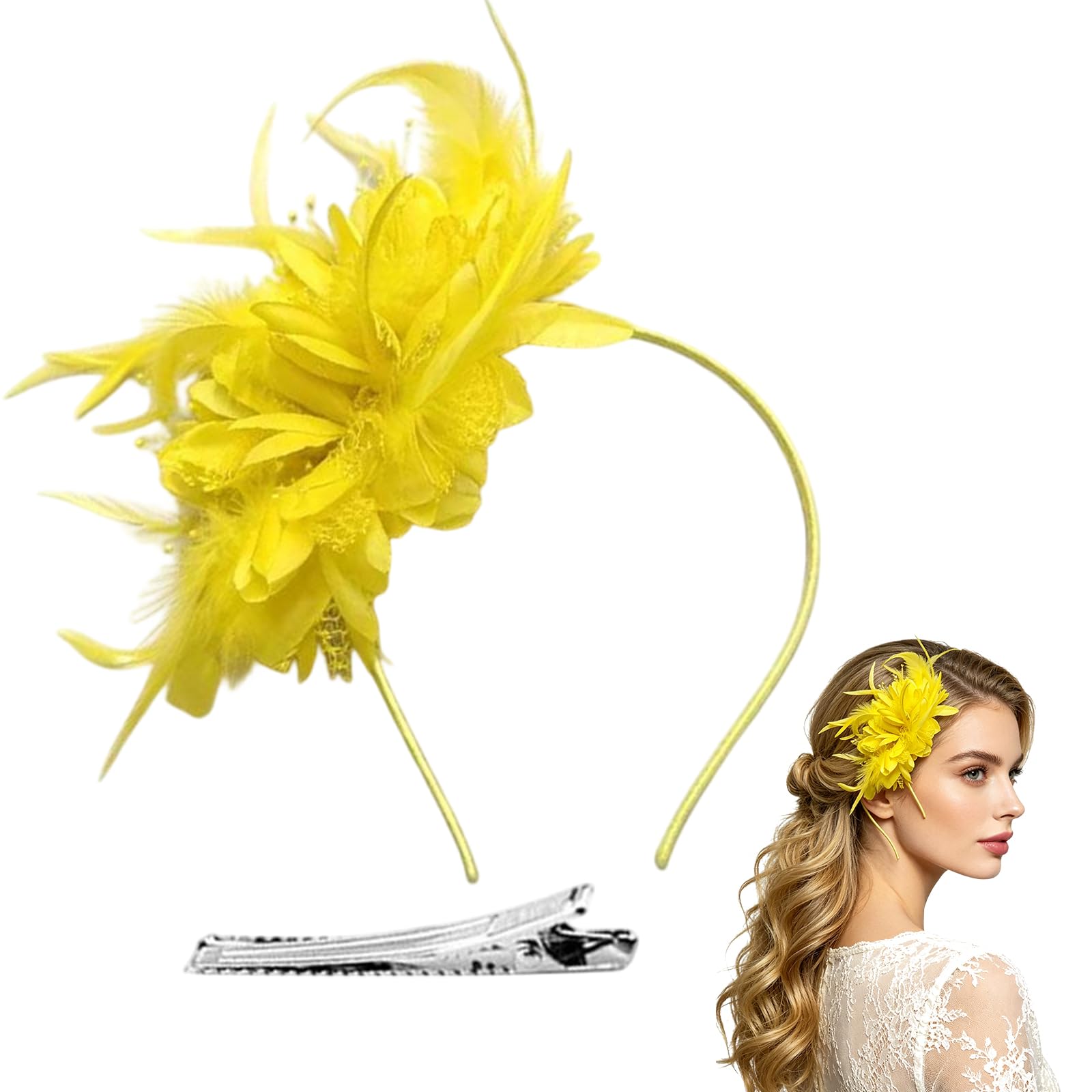 Feather Pearl Veil Headband with a Forked Clip for Girls & Women, Fascinators Hat Flower Mesh Ribbons Feathers on a Headband Tea Party Headwear for Wedding Cocktail Dresses Accessories (Yellow)