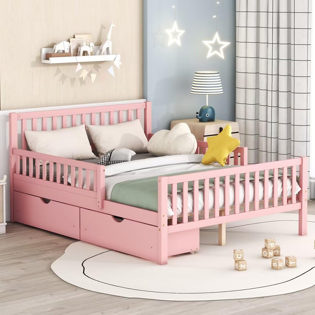 JIJIWANG Full Size Wood Platform Bed with Storage Drawers and Fence Rails, Wood Platform Beds with Headboard and Slat Support for Kids Boys Girls