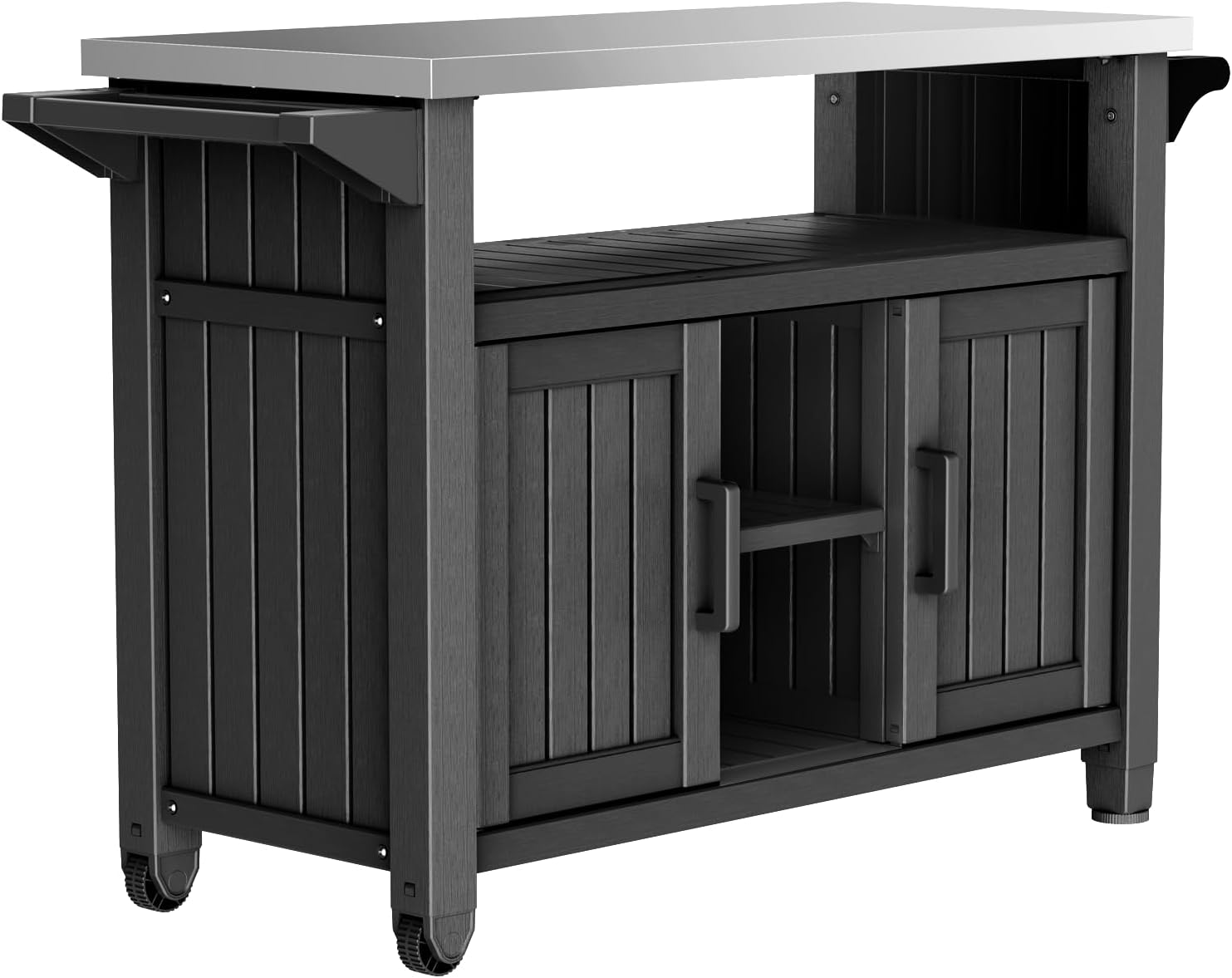 54" Portable Outdoor Table with Stainless Steel Top - Heavy Duty Resin BBQ Grill Cart & Pizza Oven Stand - All-Weather Kitchen Prep Station with Large Storage Cabinet & Smooth Wheels, Black