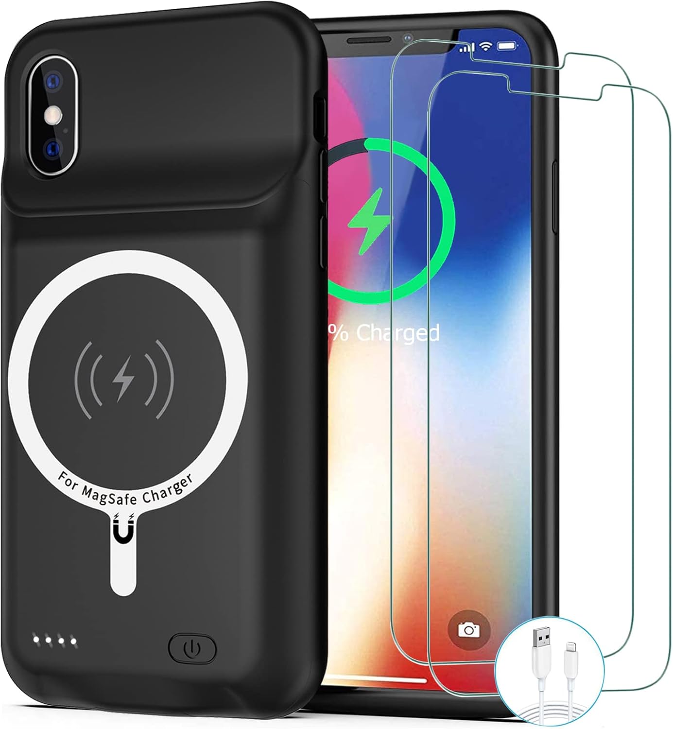 Battery Case for iPhone X/XS, [10000mAh] Enhanced Rechargeable Portable Protective Qi Wireless Charger Case Battery Support CarPlay Wireless Charging Case Compatible with iPhone X/XS (5.8 inch)-Black