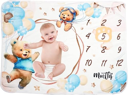 Teddy-Bear - Manta de hitos para bebé, 40 x 50 pulgadas, manta de franela suave para bebé, manta de hito mensual para bebé, manta de baby shower,