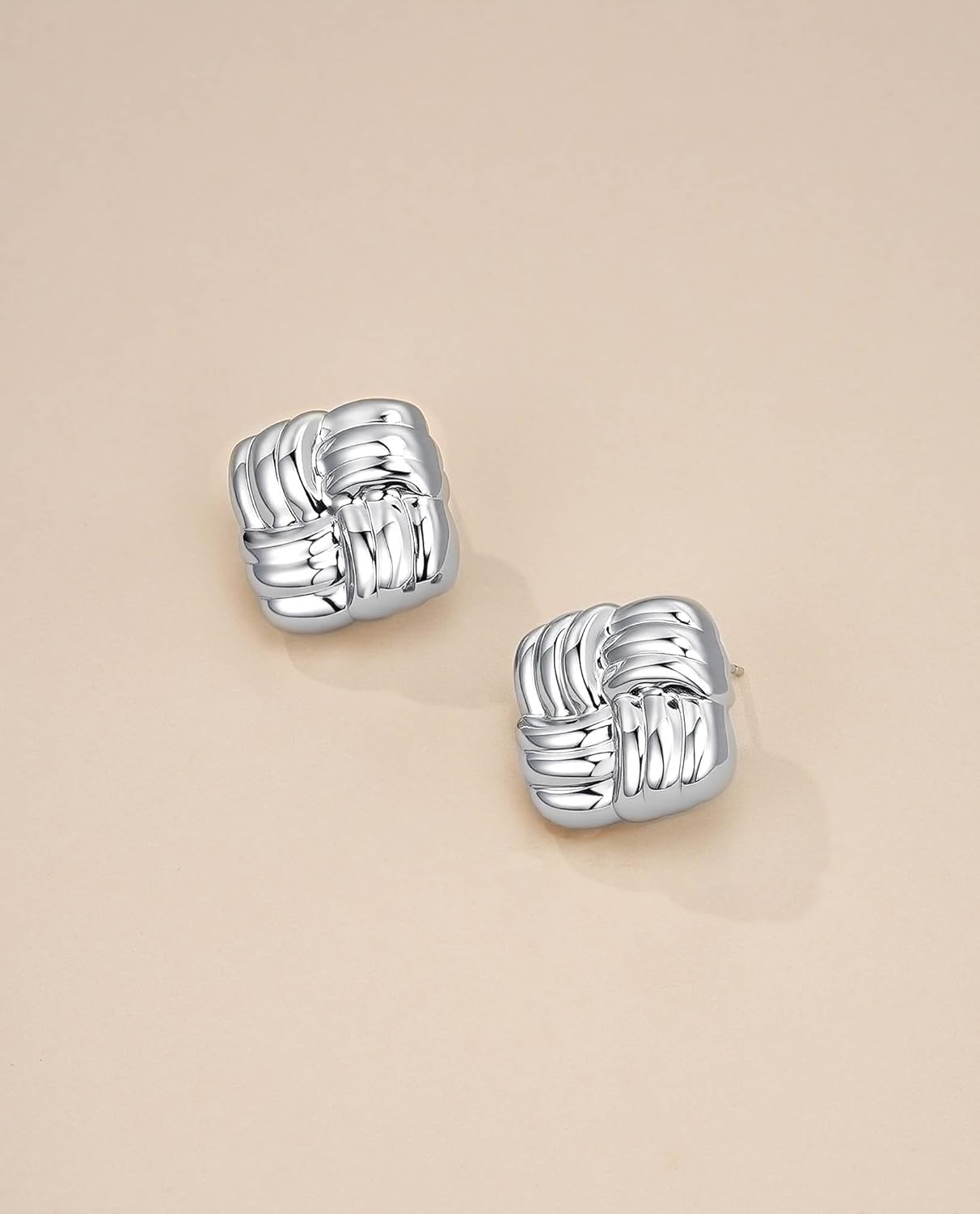 Silver Plated White 18K Gold Plated Chunky Retro Square Statement Earrings for Women by SNGIA, Medium Geometric Handmade Trendy Stud Ribbed Textured Patterned Jewelry Gifts, Rectangle Round Dome Textured Minimalist Huggies Fashion Button Accessories, Vintage Thick Rectangular Nickle Free Huggie Earring. - Image 5