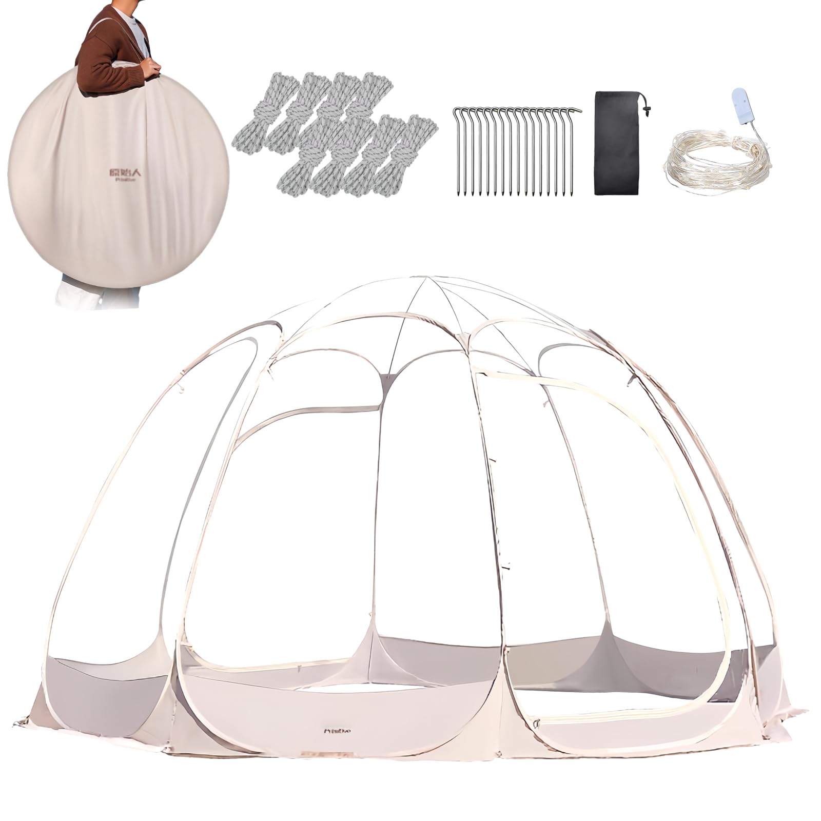 Regen- und Sonnenschutz-Pop-Up für 8–10 Personen, Outdoor-Sport-Bubble-Sofort-Clear-Zelt mit tragbarem Rucksack, winddichtem Seil, Bodennägeln, LED-Lichterketten für Events, Angeln und Jubeln