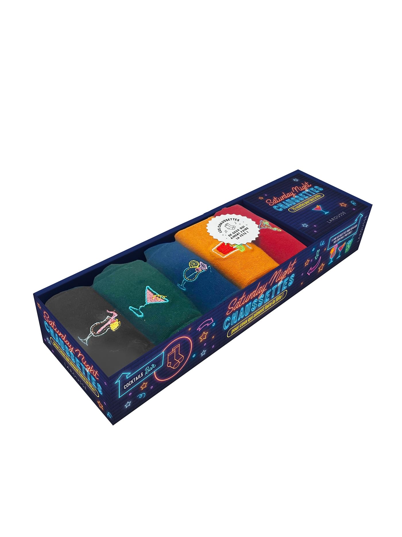 Saturday night chaussettes: Coffret avec 5 paires de chaussettes brodées taille 38-42 et 1 livret de recettes de cocktails