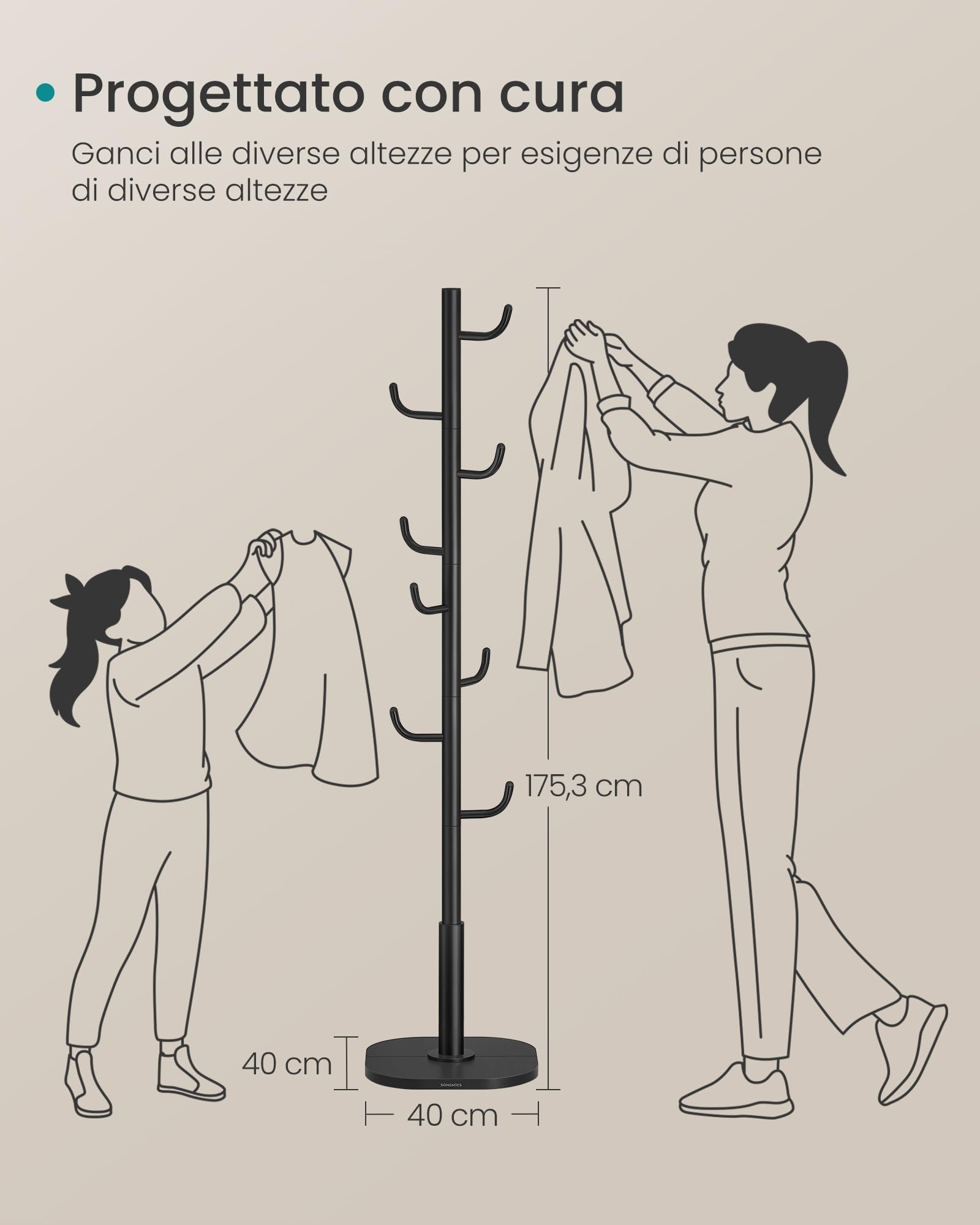 SONGMICS Attaccapanni da Terra a Forma di Cactus, Appendiabiti, 8 Ganci Curvi verso l'Alto, Altezza 175,3 cm, per Abiti Cappelli Borse, Nero Inchiostro RCR039BH01