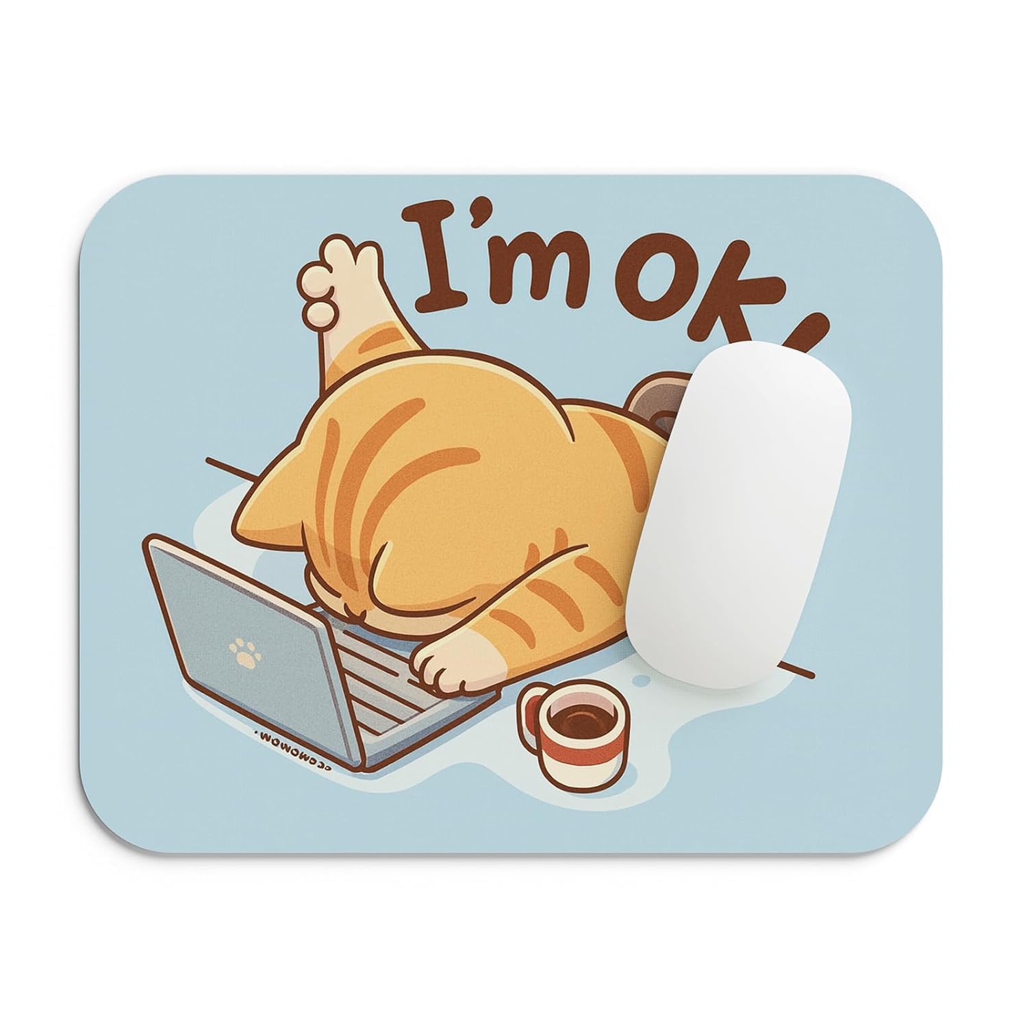 Funny Cat Mouse Pad, 'I'm Ok' Cute Cartoon Design, Blue, Non-Slip Office Desk Accessory-image-45