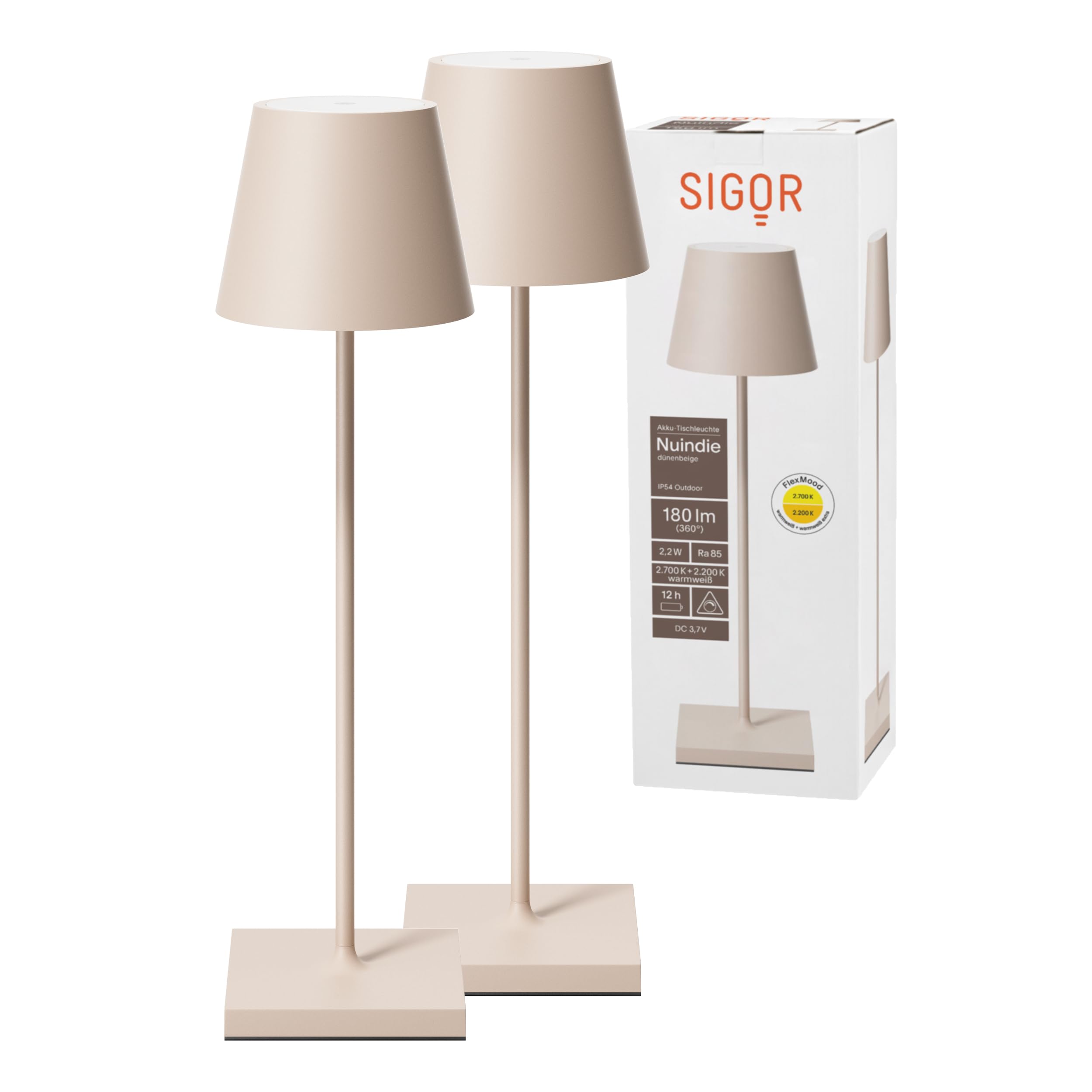 SIGOR Nuindie 2.0 Akku-Tischlampe, 2er-Set, dünenbeige | Dimmbar • Indoor & Outdoor • IP54 • 38 cm • USB-C • 12 h Leuchtdauer