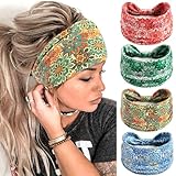 FULZTEY Wide Headbands for Women Floral Printed Boho Hairband Elastic Knotted Bandana Non Slip Workout Yoga Thick Turban Head Wrap Fashion Hair Accessories for Teen Girls 4Pcs