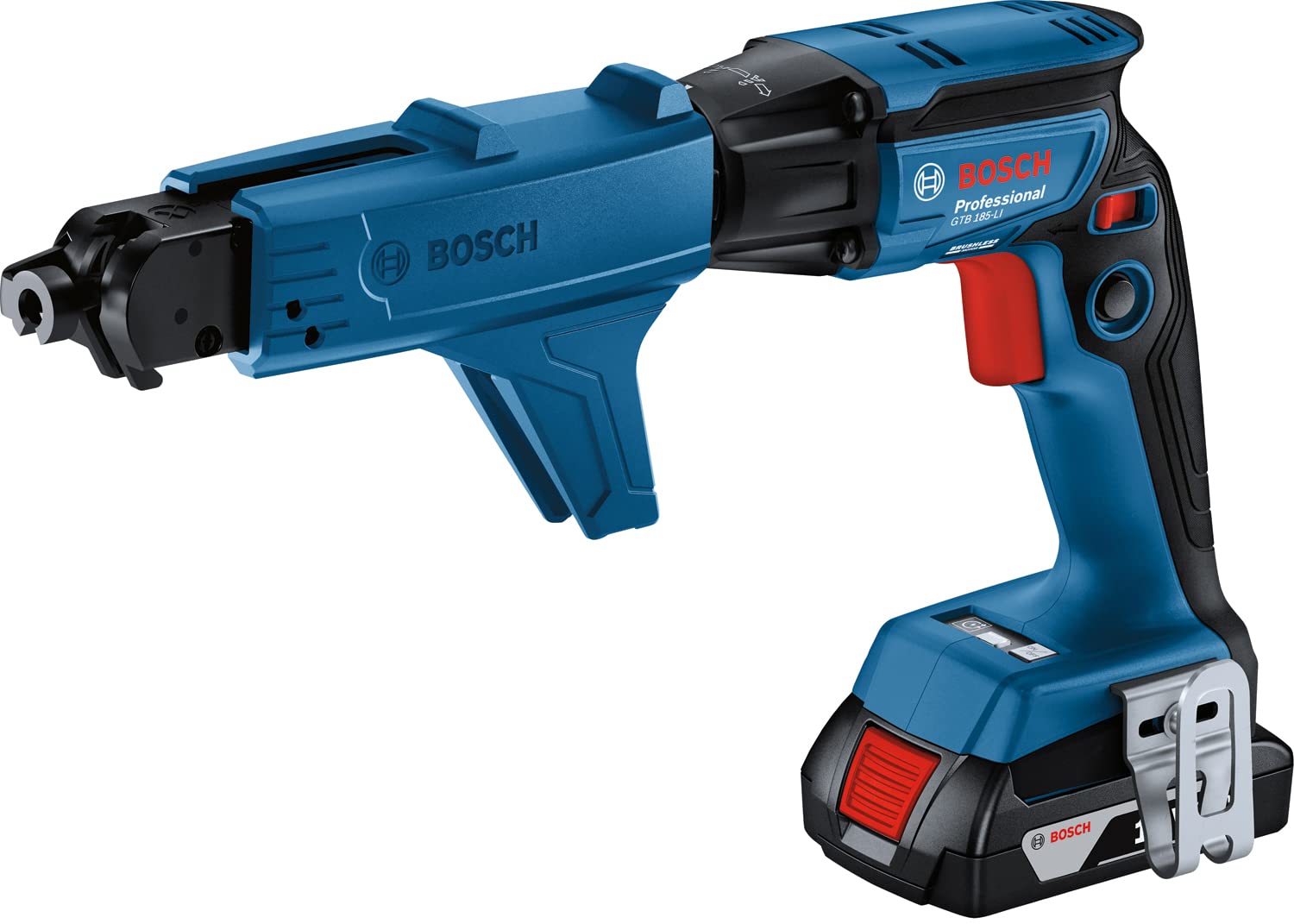 Bosch Professional Sistema 18V: GTB 185-LI Destornillador inalámbrico para montaje en paneles de yeso (2 baterías GBA 18V 2.0Ah, cargador GAL 18V-20, 1 clip para cinturón, 2 insertos de destornillador