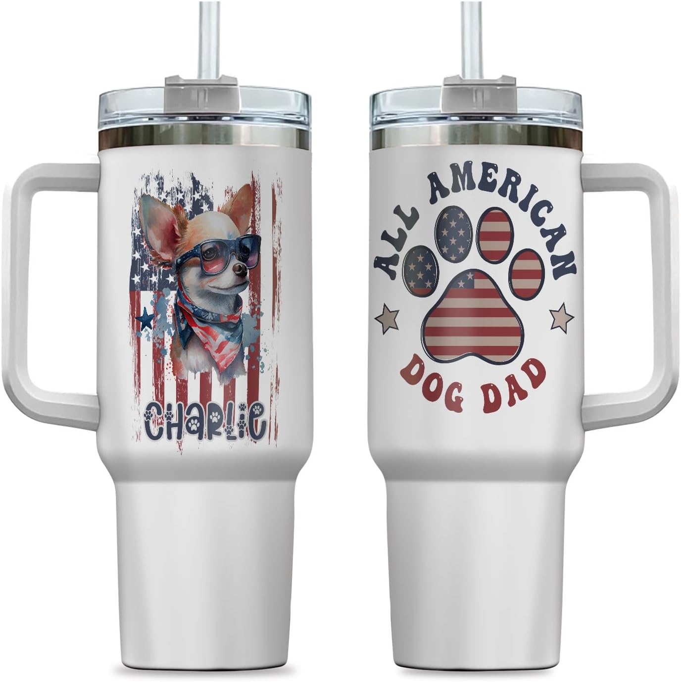 All American Chihuahua Dog Dad Patriotic US Flag Insulated Tumbler 4th of July Gift Customized Name Tumbler Personalized With Lid Engraved 40oz with Lid